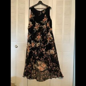 Floral Sleeveless High Low Dress - Black and Pink